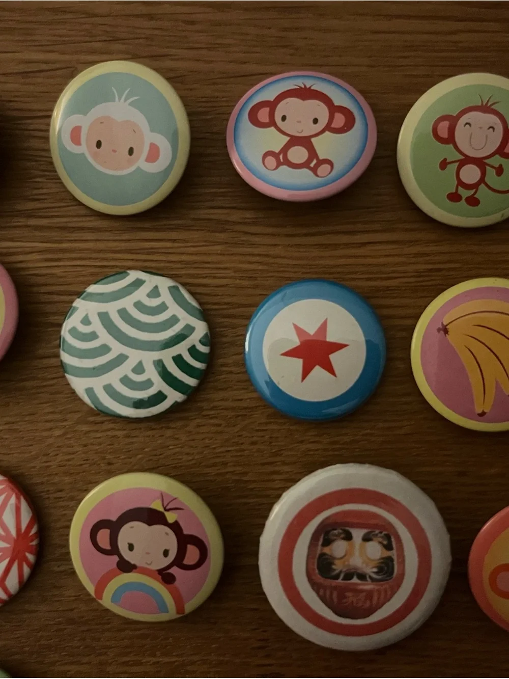 Colorful Monkey & Fun Badge Button Set - Pink, Blue, Green